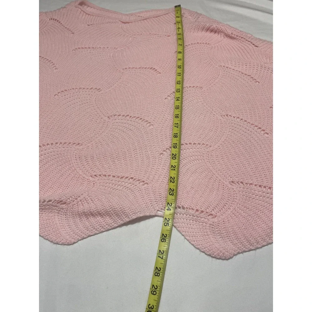 Womens Light Pink Batwing Open Knit V-Neck Scalloped Hem Pointelle Sweater